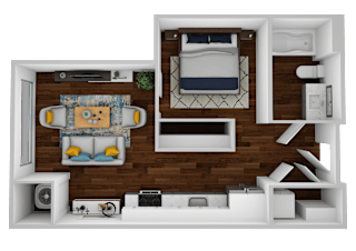 a stylized layout of a bedroom with a living room and a dining room