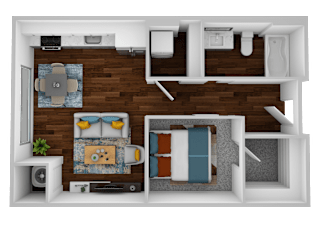 a stylized floor plan with a bedroom and a living room