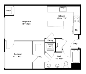 a floor plan of a studio apartment with a bedroom and a living room