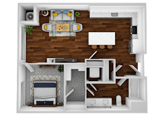 a stylized floor plan of a bedroom with a bathroom and a living room