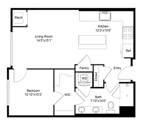 A floor plan of a house with a kitchen, living room, bedroom, bathroom, and pantry.