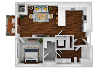 an overhead view of the floor plan of a 1 bedroom apartment