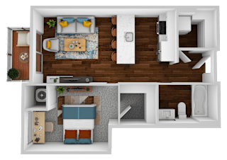 a 3d rendering of a bedroom floor plan with a living room and dining room