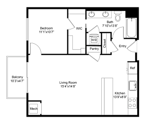 a floor plan of a studio apartment with a bedroom and a living room
