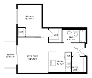 A floor plan of a house with a living room, kitchen, bathroom, and two bedrooms.