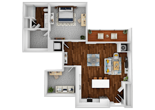 a 3d drawing of the layout of a bedroom and bathroom floor plan