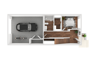 a rendering of a one bedroom apartment with a bathroom and a bedroom with a bed and a