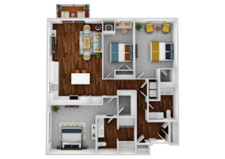 a 3d drawing of a bedroom floor plan with roommates