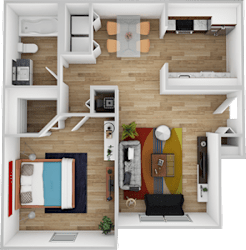 A top-down view of a small apartment with a bedroom, living room, and kitchen.