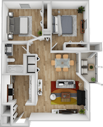 A 3D floor plan of a small apartment with a kitchen, living room, and bedroom.