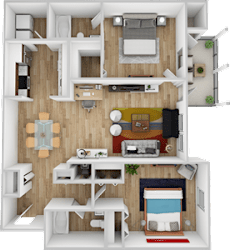 A 3D rendered image of a small apartment layout.