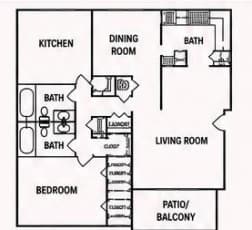 A floor plan of a house with a kitchen, dining room, living room, bedroom, and bathrooms.