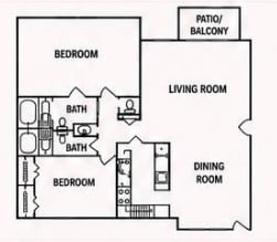 A floor plan of a home with a living room, dining room, and three bedrooms.