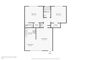 A floor plan of a property with two bedrooms, a living room, a kitchen, a dining room, a bathroom and two closets.