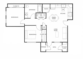 A black and white floor plan of a house with two bedrooms, a living room, a kitchen, a bathroom, a pantry, a storage area, and a patio.