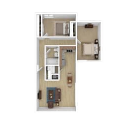 A top down view of a small apartment with a kitchen, living room, and bedroom.