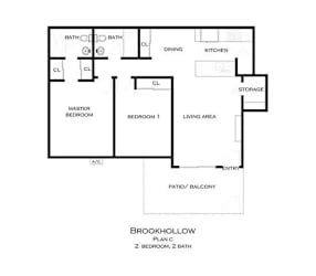 A black and white image of a Brookhollow floor plan at Brookhollow Apartments, West Covina , CA
