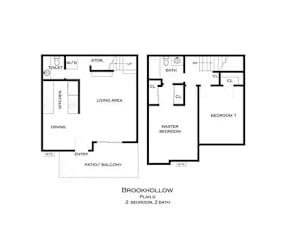 A black and white floor plan of a Brookhollow property with two bedrooms and two bathrooms at Brookhollow Apartments, West Covina