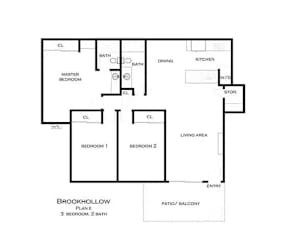 A black and white image of a Brookhollow floor plan at Brookhollow Apartments, West Covina