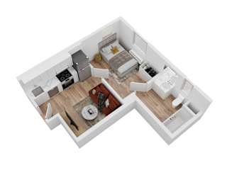 A top-down view of a small apartment with a kitchen, living room, and bathroom.