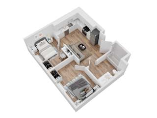 A top down view of a small apartment with a kitchen, living room, and bathroom.
