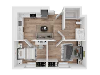 A top-down view of a modern living room with a central coffee table and a kitchen area to the right.