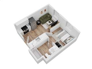 A top down view of a small apartment with a kitchen, living room, and bedroom.