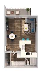 A modern apartment layout with a kitchen, living room, and bathroom.
