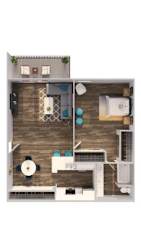 A top-down view of a small apartment with a kitchen, living room, and bathroom.