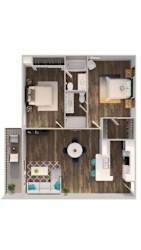 A top-down view of a small apartment with a kitchen, living room, and bathroom.