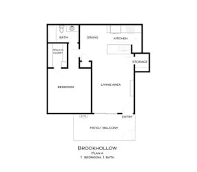 A black and white image of a Brookhollow floor plan with one bedroom and one bath at Brookhollow Apartments, West Covina , CA