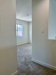 A room with a carpeted floor and a window.