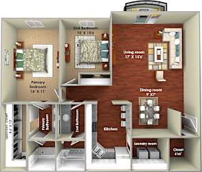 a sq. ft. apartment with a bedroom and a living room