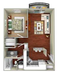 A 3D rendered image of a small apartment layout.