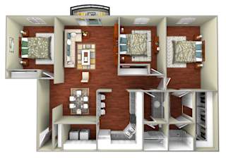 A 3D rendered image of a house layout.