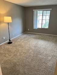 an empty carpeted room with a lamp and a window