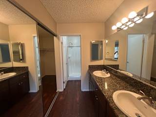 a bathroom with two sinks and a large mirror