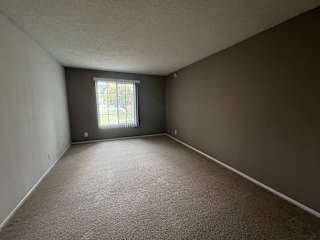 an empty room with brown walls and a window