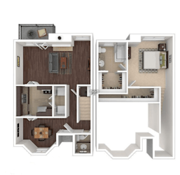 A floor plan of a two-story residential building with a living room, kitchen, and multiple bedrooms.
