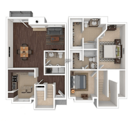 A floor plan of a two-bedroom apartment with a living room, kitchen, and bathroom.