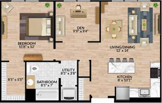 A floor plan of a house showing a bedroom, bathroom, kitchen, living room, and dining room.