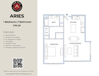 A floor plan and description of a 1 bedroom apartment for rent.