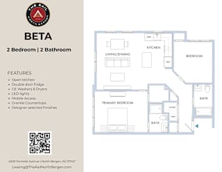 A floor plan for a two bedroom, two bathroom apartment with features listed on the left.