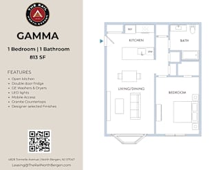 A floor plan of a one bedroom apartment with a kitchen and bathroom.