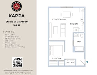 A floor plan of a studio apartment with a kitchen, living room, and bathroom.