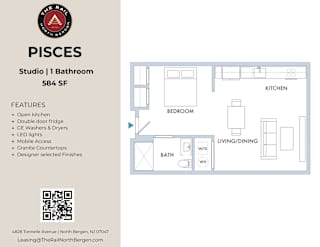 A floor plan for a 584 square foot studio with one bathroom is shown.
