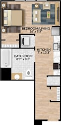 A floor plan of a small apartment with a bedroom, living room, kitchen, and bathroom.