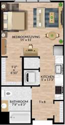 A floor plan of a bedroom/living room, kitchen, and bathroom layout.