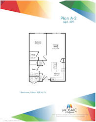 A floor plan for a one bedroom, one bath apartment at Mosaic Livingston.
