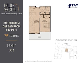 A floor plan for a one bedroom, one bathroom apartment at Huey Soul apartments.
